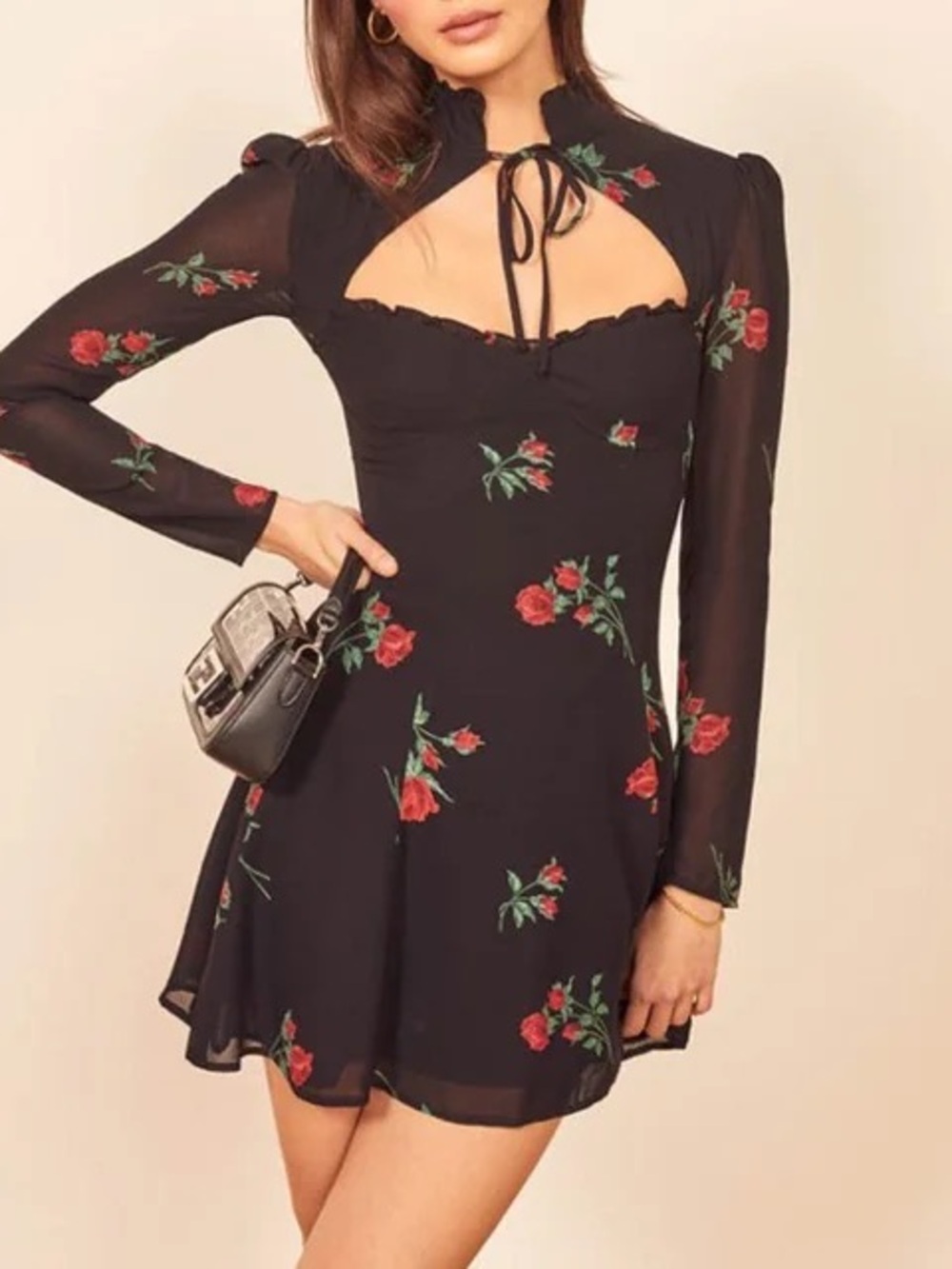 Reformation Vivianne Black Floral Dress